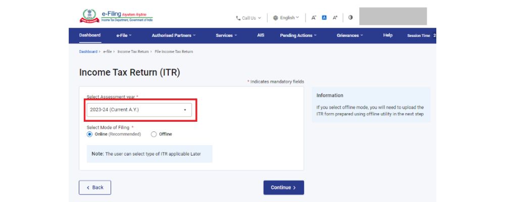 Select the Assessment Year (AY) - ITR filing services, Process for ITR Filing
